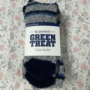 2 pack - Men's Fluffy Socks - Blue/Gray/Black - Supersoft Green Treat Cosy Socks